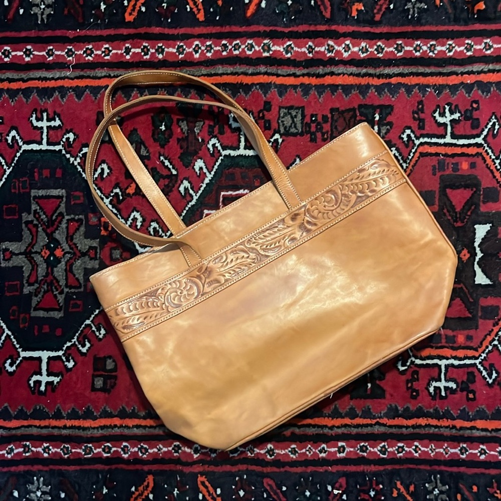 Vintage hand tooled large leather tote